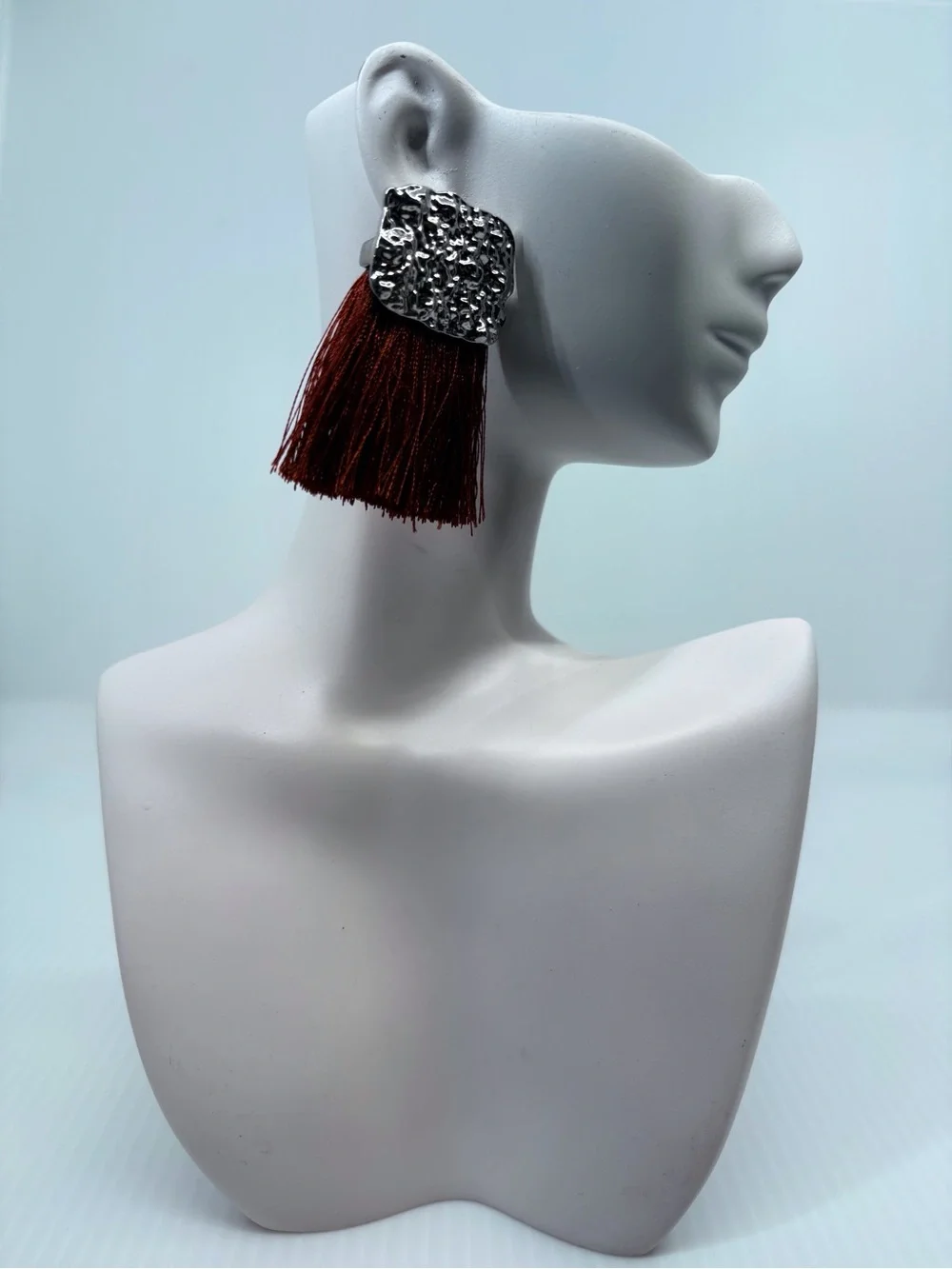 Silver Textured Tassel Earrings in Rust Red